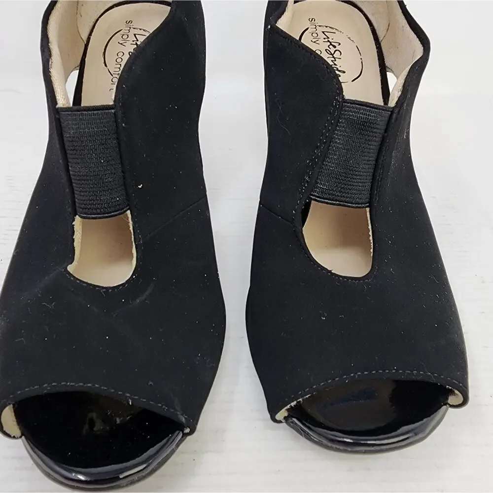 Lifestride Simply Comfort Black Suede Stretch Heels Peep‎ Toe Women's Size 7.5